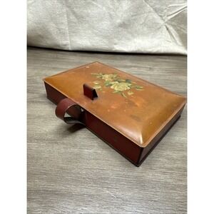 VTG Hand Painted Tin Silent Butler Crumb Catcher Tray faded Burgundy Tole Floral